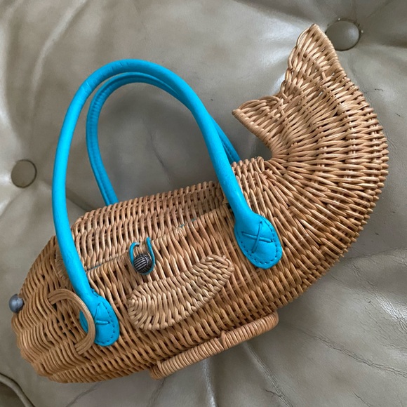 Vintage Wicker Fish Handbag Purse Cappelli Aqua - Picture 3 of 15